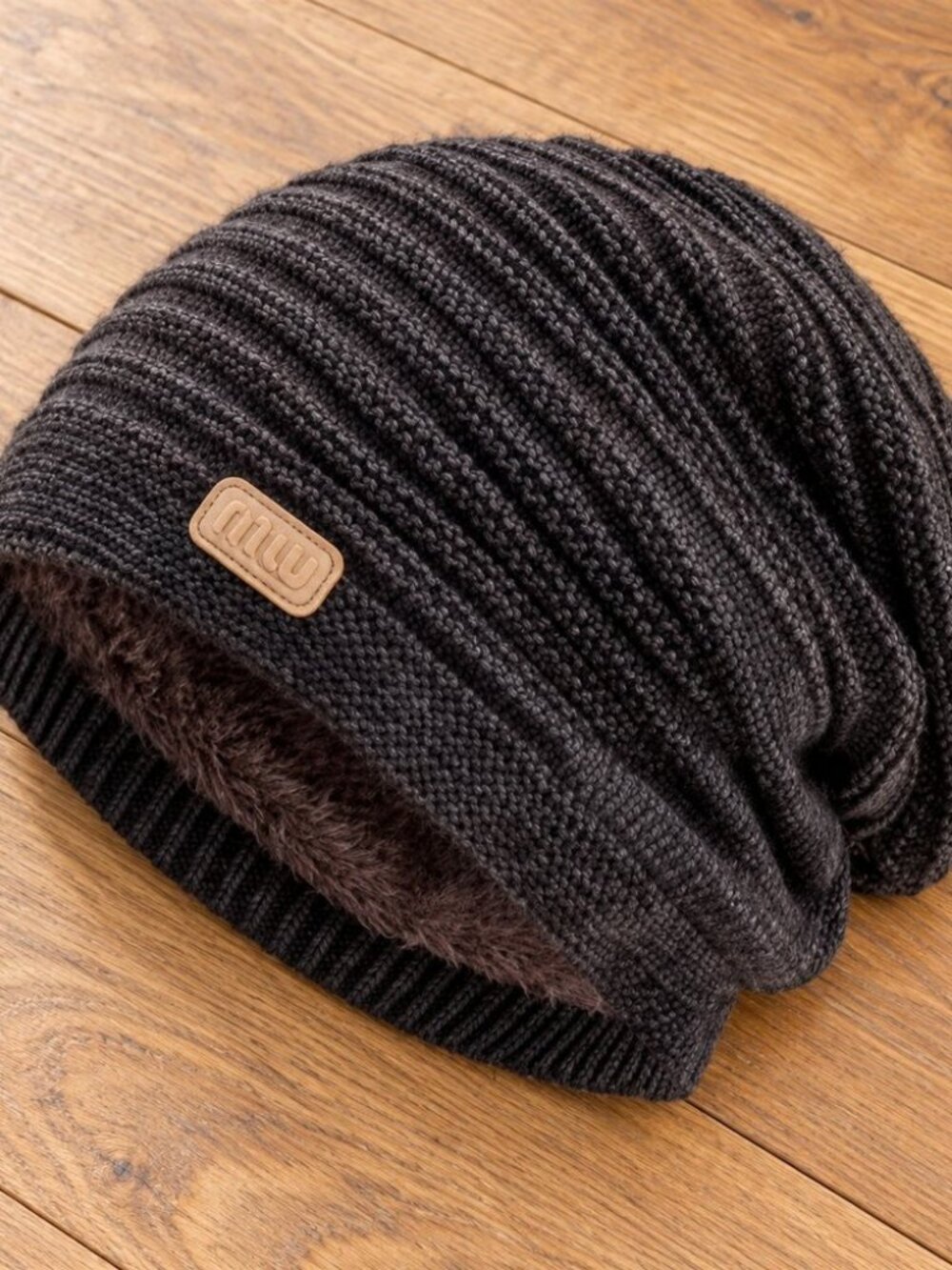 Fleece lined slouchy beanie - charcoal brown oversized grunge skater beanie